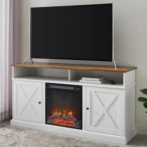 60 in. Reclaimed Barnwood and Brushed White Wood X Door TV Stand Fits TVs up to 65 in. with Electric Fireplace