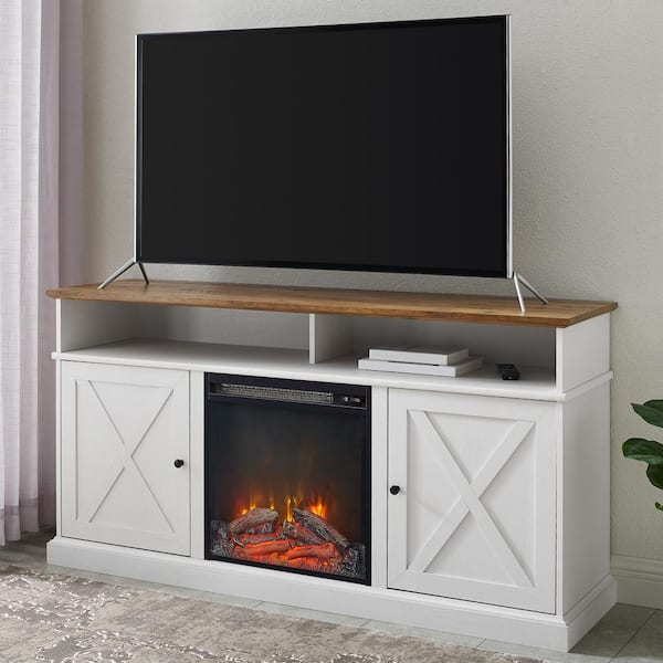 Welwick Designs 60 in. Reclaimed Barnwood and Brushed White Wood X Door TV Stand Fits TVs up to 65 in. with Electric Fireplace