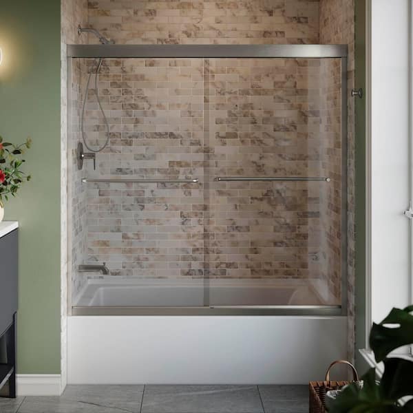 KOHLER Lively 57-60 in. W x 58 in. H Frameless Sliding Tub Door in Brushed Nickel with 1/4 in. Thick Crystal Clear Glass