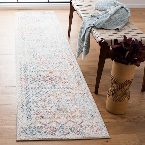 Tulum Ivory/Turquoise 2 ft. x 9 ft. Border Tribal Distressed Runner Rug