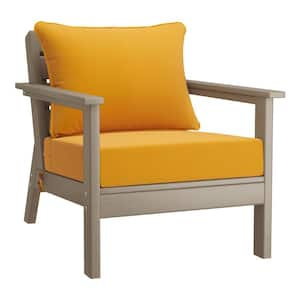 Birchwood Outdoor Patio Deep Seating HDPE Plastic Lounge Chair in Weathered Wood with Yellow Cushions