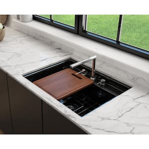 Baveno Uno Black Fireclay 27 in. Single Bowl Undermount/Drop-In 3-hole Kitchen Sink w/Integrated WS and Acc.