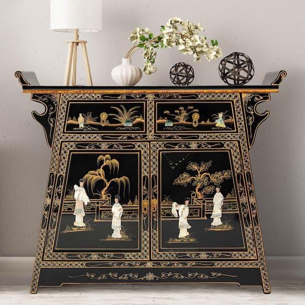 Oriental Furniture Black Lacquer Royal Ladies Altar Accent Cabinet