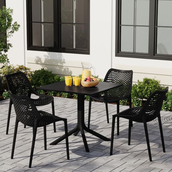 Frond and Form Black Plastic All Weather 5-Piece Square Table Modern Outdoor Patio Dining Set w/ 4 Stackable Chairs