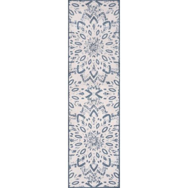Flora Abstract Bold Mandala High-Low Cream/Dark Blue 2 ft. x 8 ft. Indoor/Outdoor Runner Rug