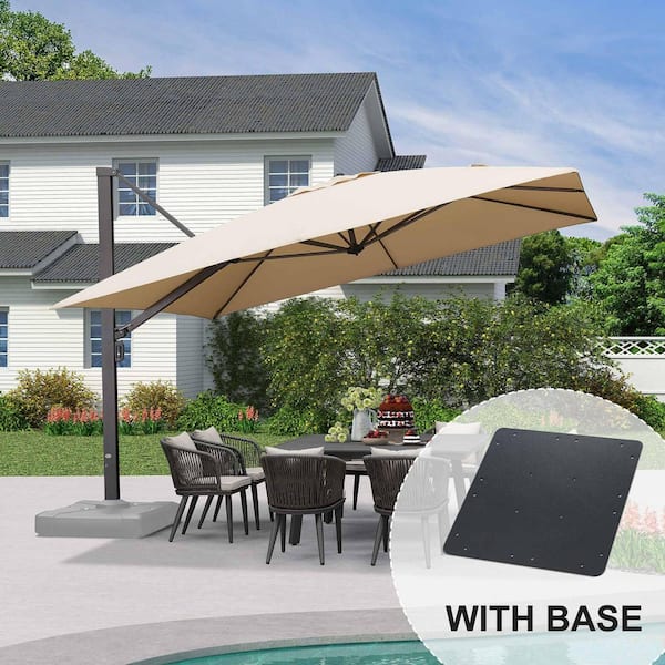 12 ft. Square Aluminum Large Outdoor Cantilever 360-DegreeRotation Patio Umbrella with Base Plate, Beige
