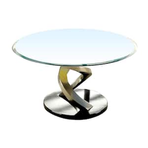 Nova 38 in. Satin Plated/Black Medium Round Glass Coffee Table with Pedestal Base