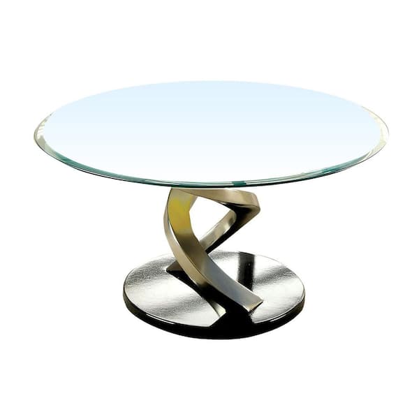 William's Home Furnishing Nova 38 in. Satin Plated/Black Medium Round Glass Coffee Table with Pedestal Base