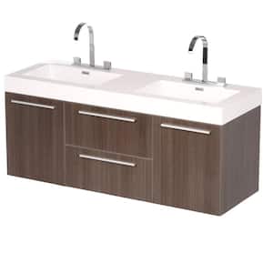 Opulento 54 in. Double Vanity in Gray Oak with Acrylic Vanity Top in White with White Basins and Mirror Medicine Cabinet