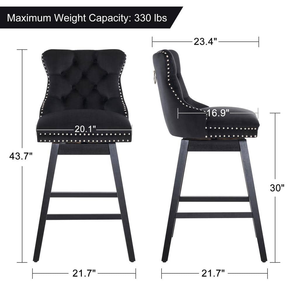 29" Black Velvet Upholstered Swivel Bar Stools with Wood Frame, Set of 2