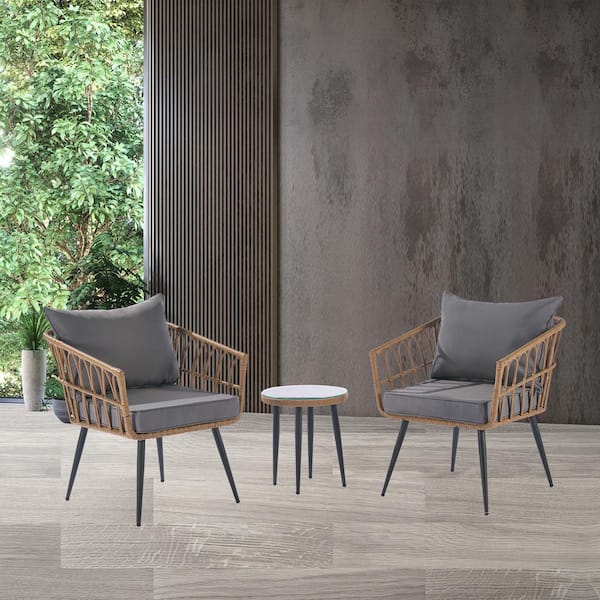 AUTMOON 3-Piece Wicker Outdoor Dining Set with Dark Gray Cushions