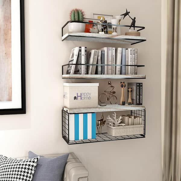 Cubilan 5.9 in. x 15.75 in. x 5.5 in. Wood Decorative Wall Shelf Wall Mounted with Storage Basket