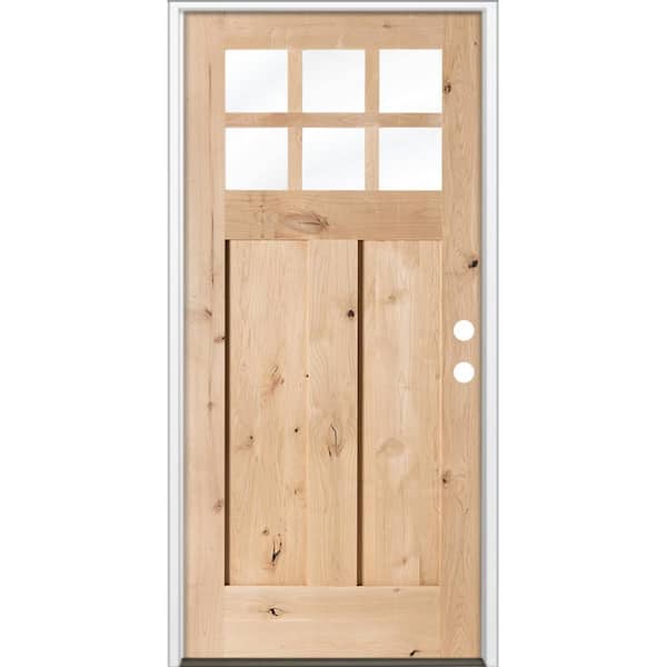 36 in. x 80 in. Craftsman Knotty Alder Left-Hand/Inswing 6 Lite Beveled Clear Glass Unfinished Wood Prehung Front Door