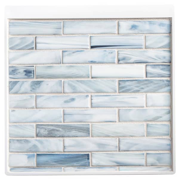 ANDOVA Dorian Calcite Light Blue/Dark Blue 12 in. x 12-7/8 in. Smooth Glass Brick Joint Mosaic Tile (10.7 sq. ft./Case)