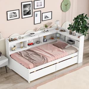 White Twin Size 1-Piece Wood Frame Top Platform Bed with L-shaped Bookcase and 2-Drawers