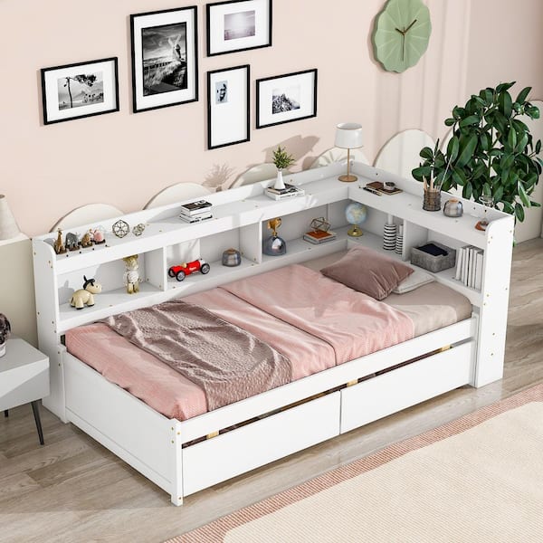 Harper & Bright Designs White Twin Size 1-Piece Wood Frame Top Platform Bed with L-shaped Bookcase and 2-Drawers