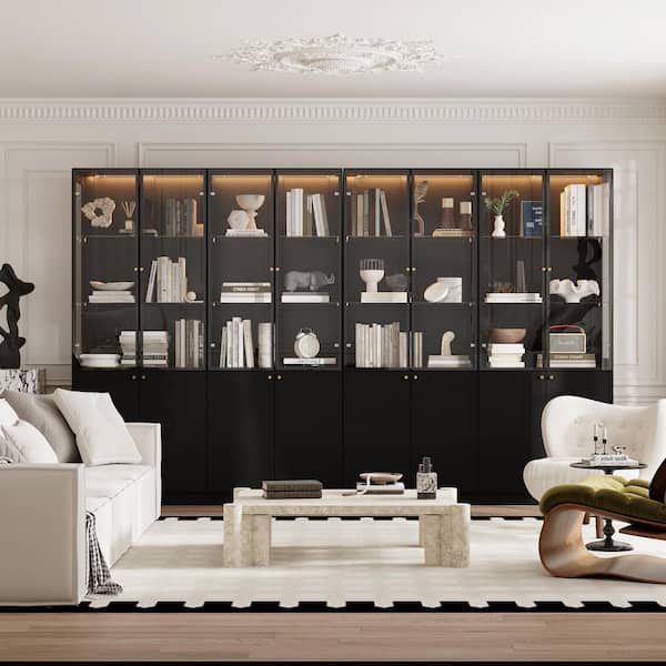 78.7 in. Tall Black Wood 10-Shelf Bookcase, Storage Cabinet, Display Storage, Sideboard w/ Glass Doors and Glass Shelves