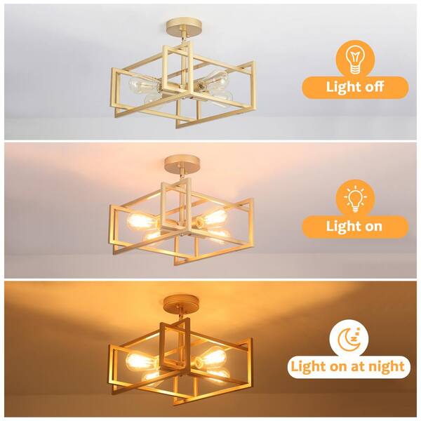 LWYTJO 15 in. 4-Light Gold Semi-Flush Mount Light with