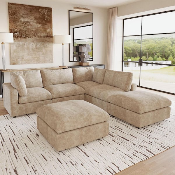 100 in. Square Arm 6-Piece Chenille L-Shaped Sectional Sofa Rearrangeable Solid Wood Cloud Couch in. Khaki with Ottomans