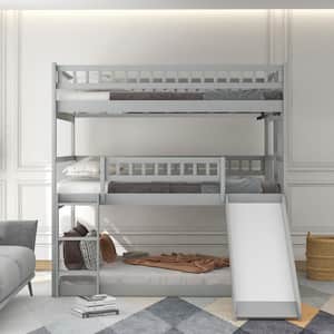 Gray Full Over Full Over Wood Triple Bunk Bed with Slide, Detachable Full Floor Kids Bunk Bed with Ladder & Guardrails