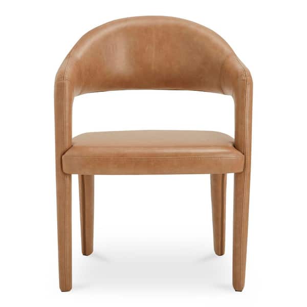 Bryn Brown Top-Grain Leather Open Barrel Back Dining Chair with Metal Frame