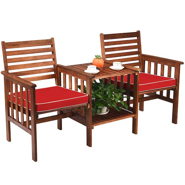Costway 3-Piece Wood Patio Conversation Set Acacia Wood Chair Coffee Table with Red Cushions