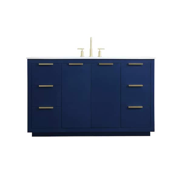 54 in. W x 22 in. D x 34 in. H Bath Vanity in Blue with Calacatta White Engineered Marble Top
