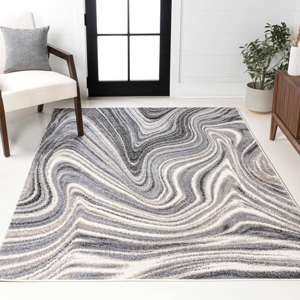 Eleni Charcoal and Cream Abstract Marble 3 x 5 Synthetic Area Rug