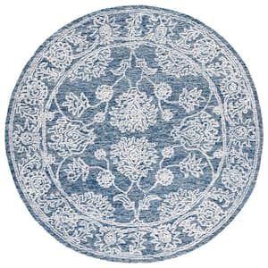 Metro Natural/Blue 6 ft. x 6 ft. Border Floral Round Area Rug