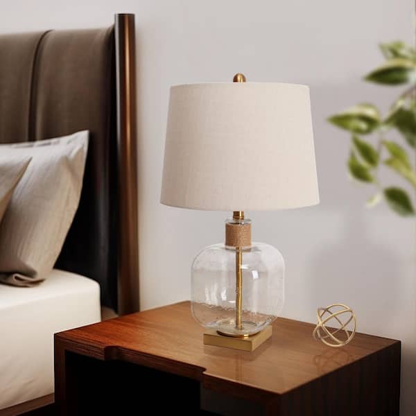 LNC Modern 24 in. Brass Seeded Glass Living Room Table Lamp Classic Metal Bedside Lamp with Hemp Rope Beige Fabric Shade