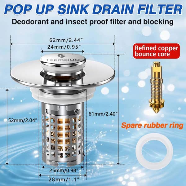 2-Piece Pop-up Sink Drain Strainer with Removable Stainless Steel Strainer Basket in Chrome, Sink Stopper Hair Catcher