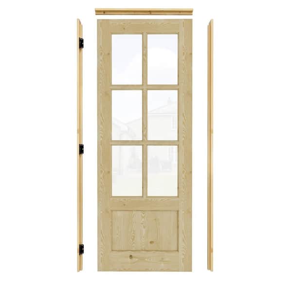 ARK DESIGN 32 in. x 80 in. Left-Handed 6-Lite Clear Glass Unfinished Pine Wood Prehung Front Door with Quick Assemble Jamb