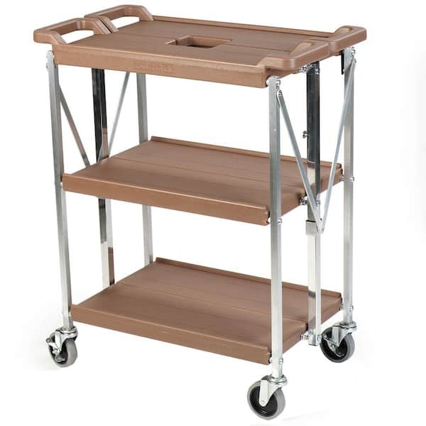 Carlisle Fold N' Go Tan Small Heavy-Duty 3-Tier Collapsible Utility and Transport Cart