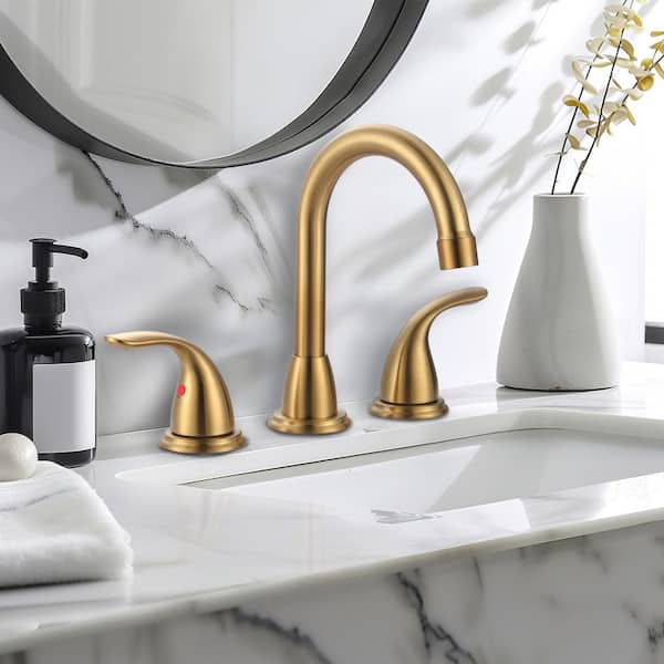 8 in. Widespread Double Handle Bathroom Faucet with Drain Kit Included in Gold