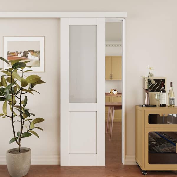 EH PUERTA 24 in. x 80 in. Hidden Track Style 1/2 Lite Frosted Glass White Primed MDF Sliding Barn Door with Hardware Kit