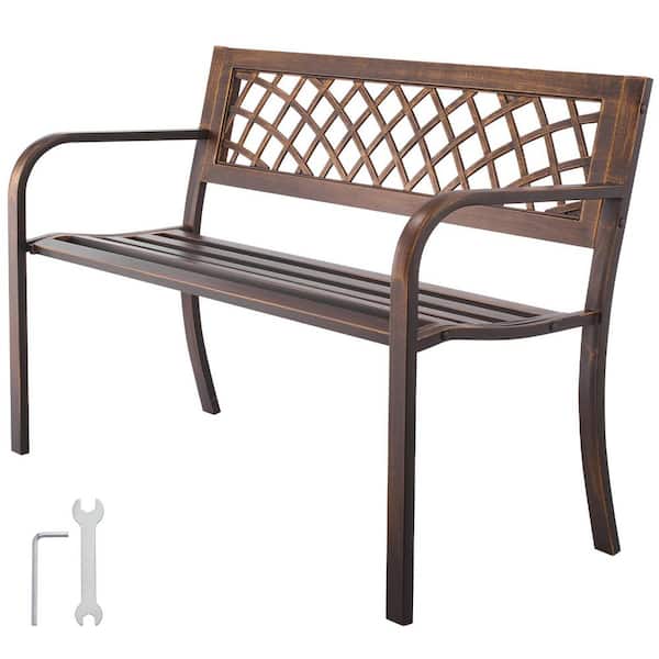 46 in. 2-Person Antique Bronze Metal Outdoor Bench, Carbon Steel Frame with PVC Mesh Backrest and Armrests, Weatherproof
