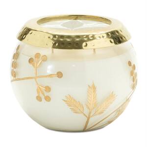 5 in. White Juniper Scented 2-Wick Candle In Clear And Gold Glass Leaf Holder
