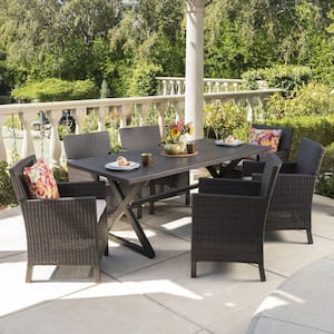 Blair 29 in. Multi-Brown 7-Piece Metal Rectangular Outdoor Dining Set with Light Brown Cushions