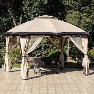 10 ft. x 12 ft. Beige Outdoor Patio Gazebo Canopy with Zippered Mesh Sidewalls and Arched Roof