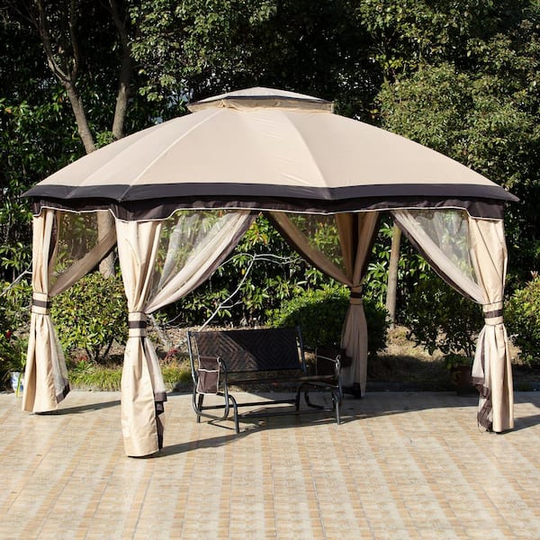 Outsunny 10 ft. x 12 ft. Beige Outdoor Patio Gazebo Canopy with Zippered Mesh Sidewalls and Arched Roof