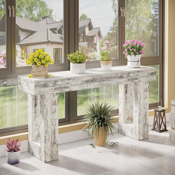BYBLIGHT Turrella 63 in. White Entryway Table, Rectangle Wood Sofa Console Table Behind Couch for Living Room