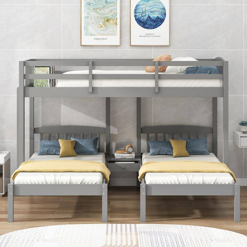 Harper & Bright Designs Gray Twin over Twin and Twin Wood Triple Bunk ...