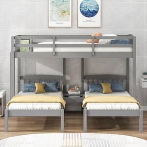 Gray Twin over Twin and Twin Wood Triple Bunk Bed with Built-in Middle Drawer, Top Storage Shelf, Full-Length Guardrails