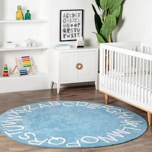 Kids Washable Round Alphabet Rug Light Blue 6 ft. x 6 ft. Area Rug