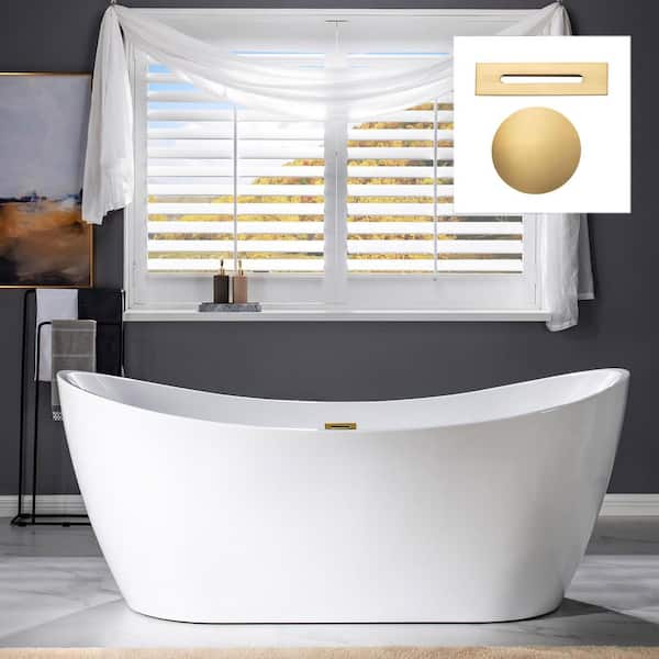 WOODBRIDGE Greenfield 71 in. Acrylic FlatBottom Double Slipper Bathtub with Brushed Gold Overflow and Drain Included in White