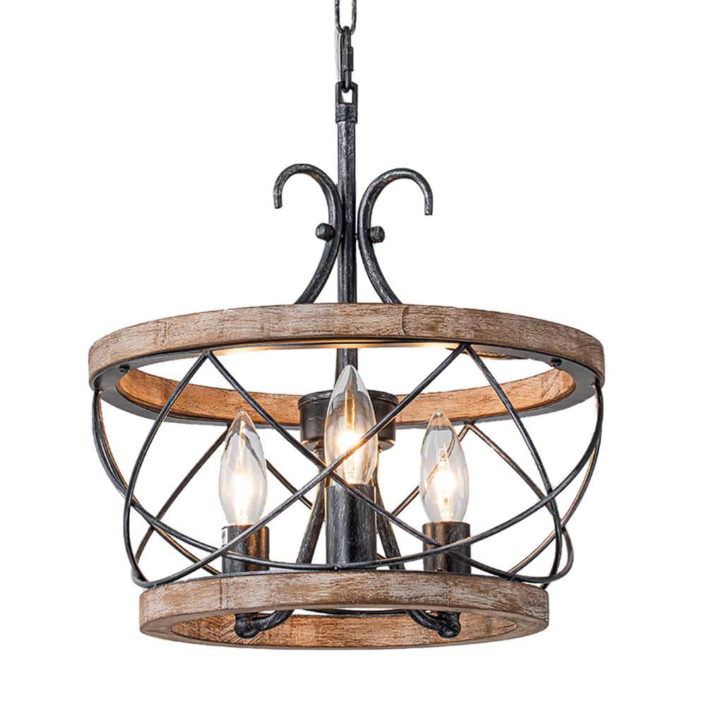 Sefinn Four Farmhouse 3Light Vintage Black Rustic Drum Chandelier for