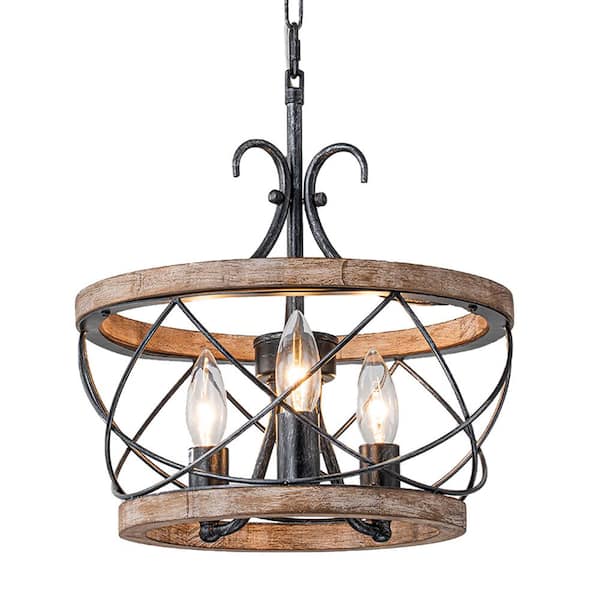 Sefinn Four Farmhouse 3-Light Vintage Black Rustic Drum Chandelier for Dining Room, Foyer, Kitchen Island - Bulbs Not Included