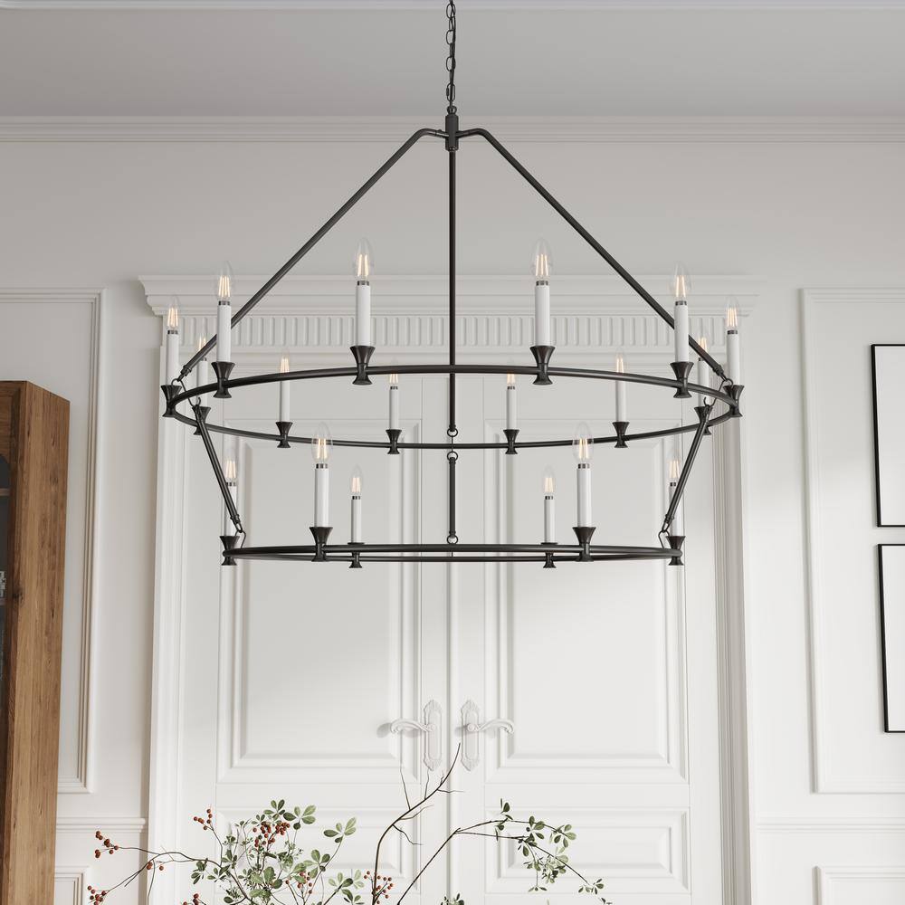 Farmhouse Black 18-Light 2-Tier Iron Candle Chandelier