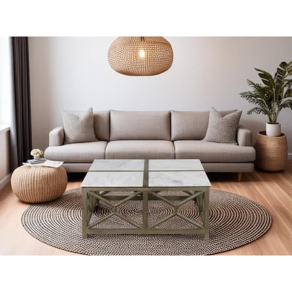 Agas 40 in. White Square Genuine Marble Coffee Table with Sandblasted Washed Ash Gray Geometric Frame