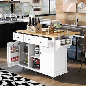 White Rolling Rubberwood Countertop 53 in. Kitchen Island Cart with Adjustable Shelves